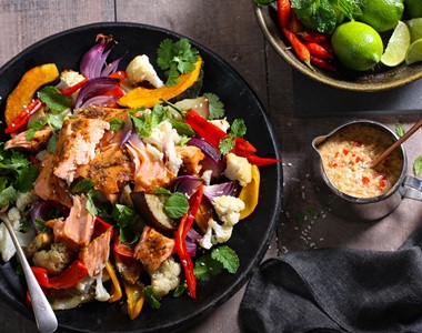 Roasted Vegetable Salad With Regal Sweet Chilli, Lime & Mint Wood Roasted Salmon Served With A Chilli Peanut Dressing Horizontal