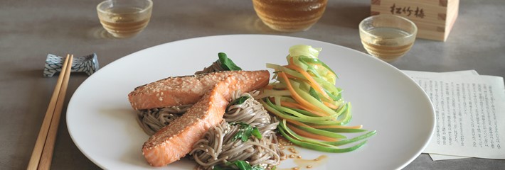 Japanese Style Regal Salmon With Noodles And Stir Fry Vegetables