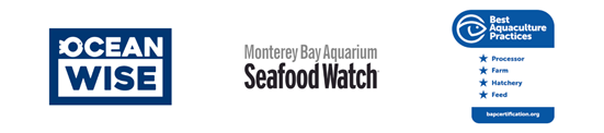 Ocean Wise Logo, Monterey Bay Aquarium Seafood Watch Logo, Best Aquaculture Practices 4 star logo