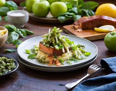 Al Browns Double Manuka Salmon Citrus Mash Apple Salsa Verde