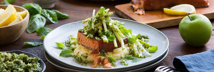 Al Browns Double Manuka Salmon Citrus Mash Apple Salsa Verde