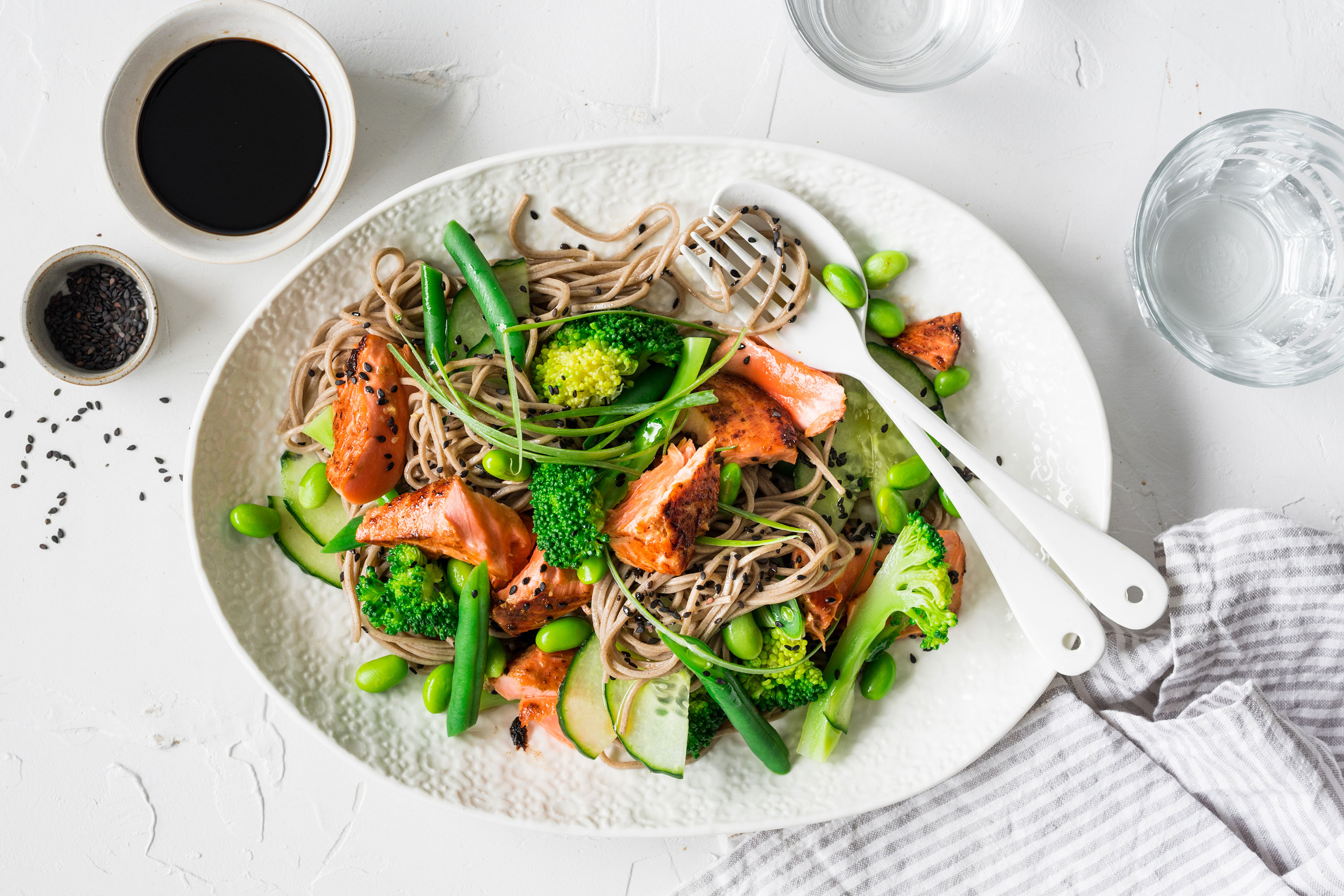 Miso glazed salmon and soba noodle salad