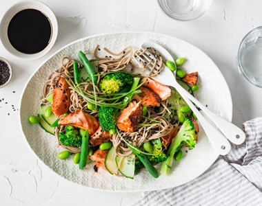 Miso glazed salmon and soba noodle salad