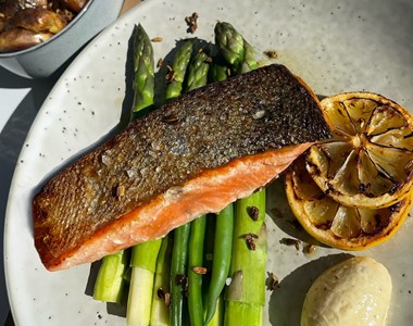 Pan Seared, Crispy Skin King Salmon and Vegetables